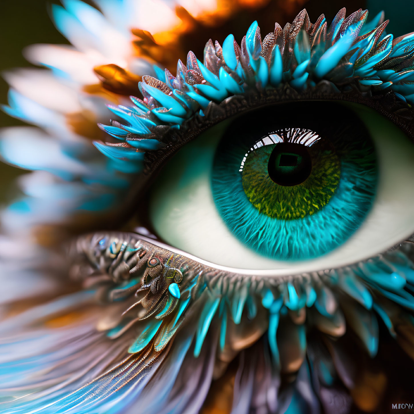 Close-Up Image of Vibrant Green Iris with Feather-Like Eyelash Extensions