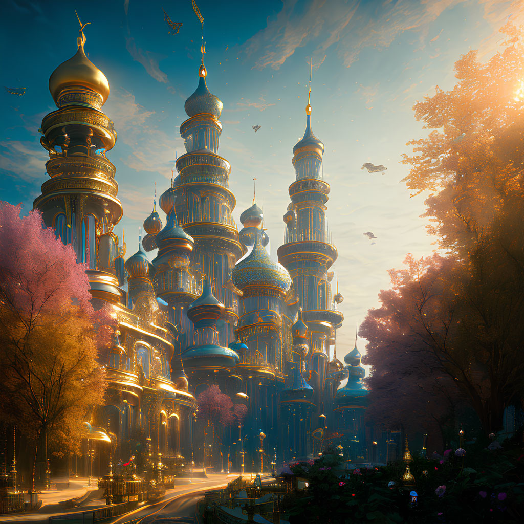 Fantastical cityscape with ornate spires and pink foliage trees.