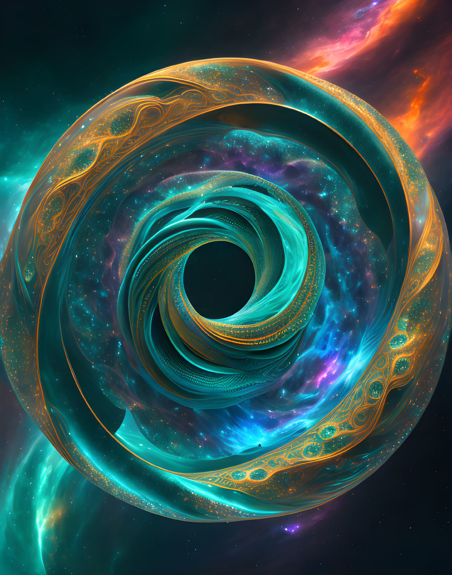 Colorful digital artwork: Swirling fractal patterns in blue, gold, and orange on cosmic backdrop