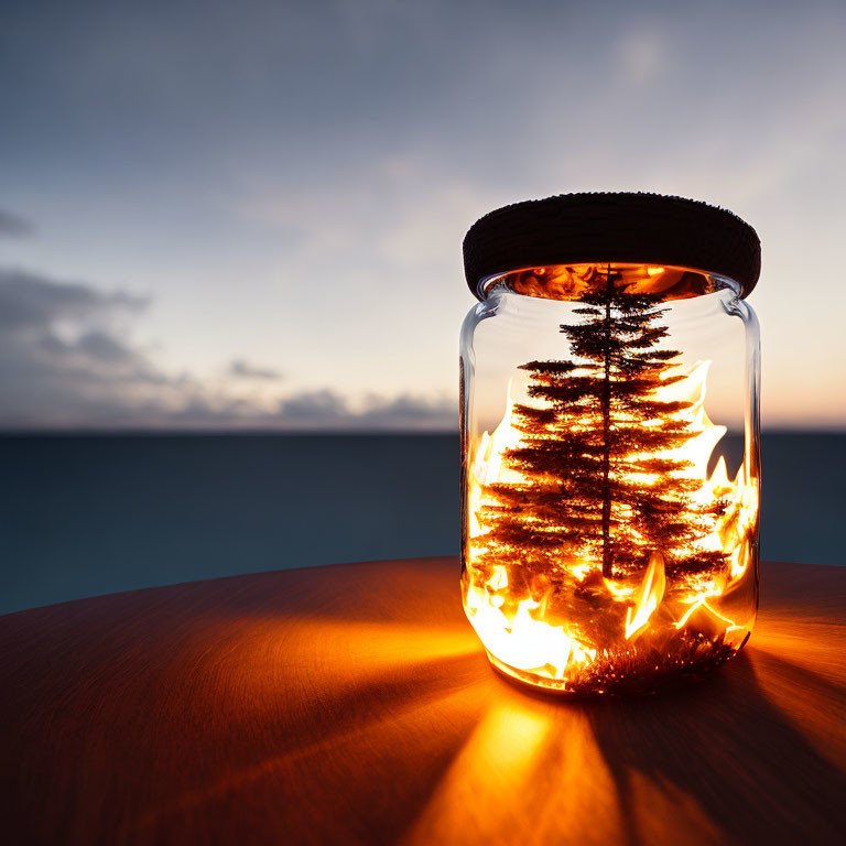 Miniature Pine Tree in Glowing Glass Jar on Wooden Surface