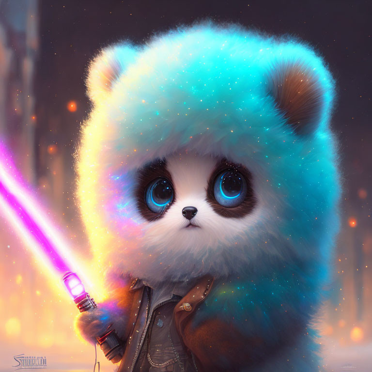 Blue-furred panda-like creature with pink lightsaber