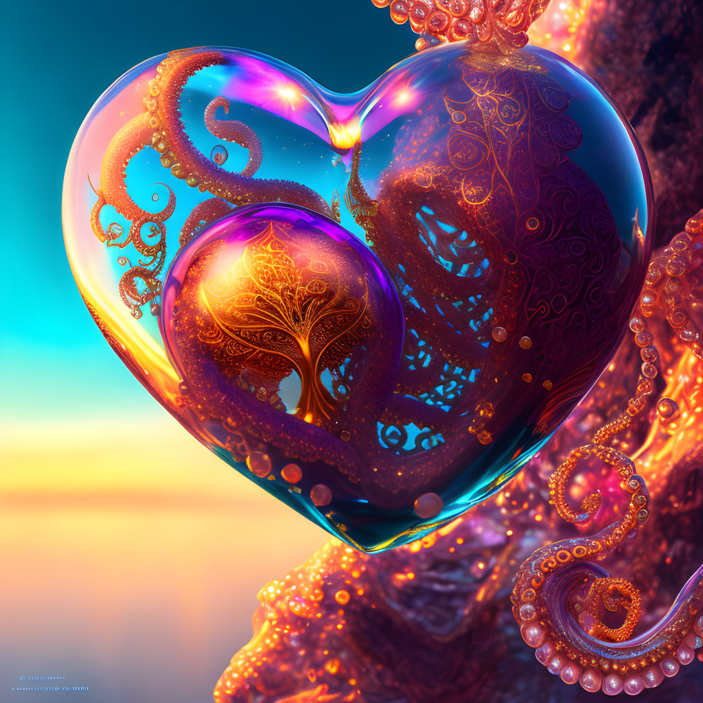 Colorful 3D digital heart with fractal patterns on sunset sky.