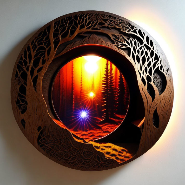 Circular Wooden Wall Art with Carved Tree Silhouette on Sunset-Orange Background