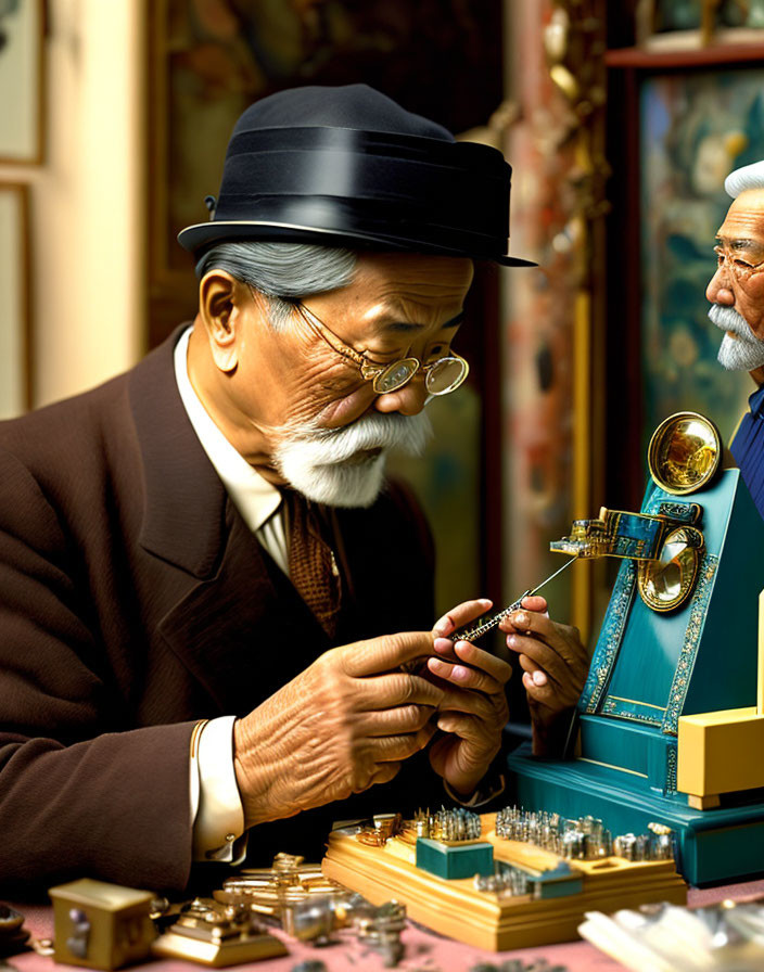 Elderly man in bowler hat in vintage room with mechanical objects