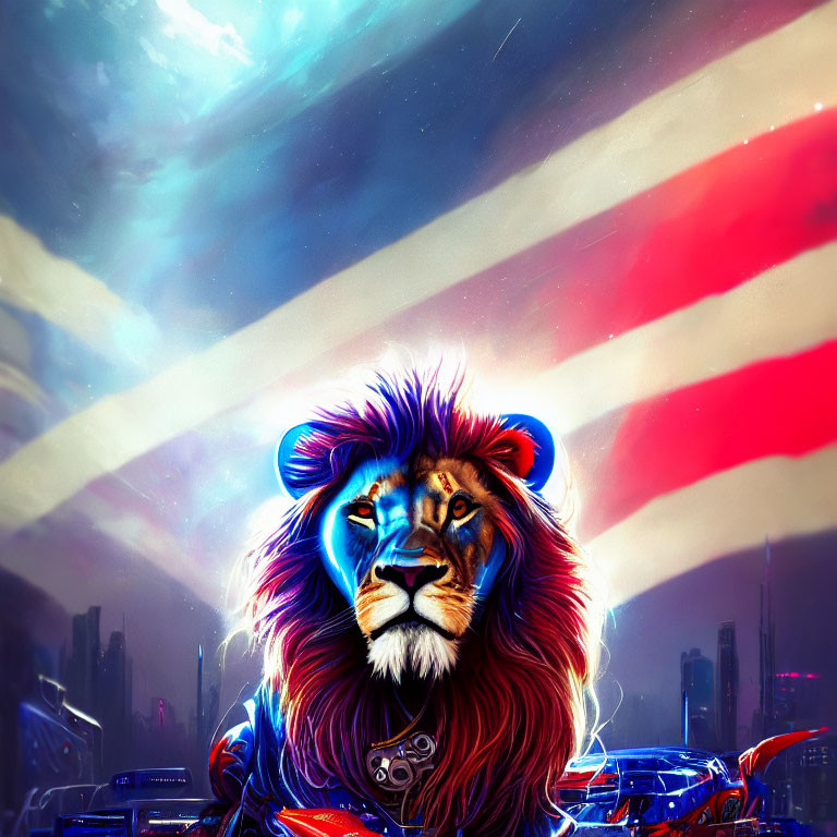 Majestic lion with neon blue streaks in futuristic cityscape