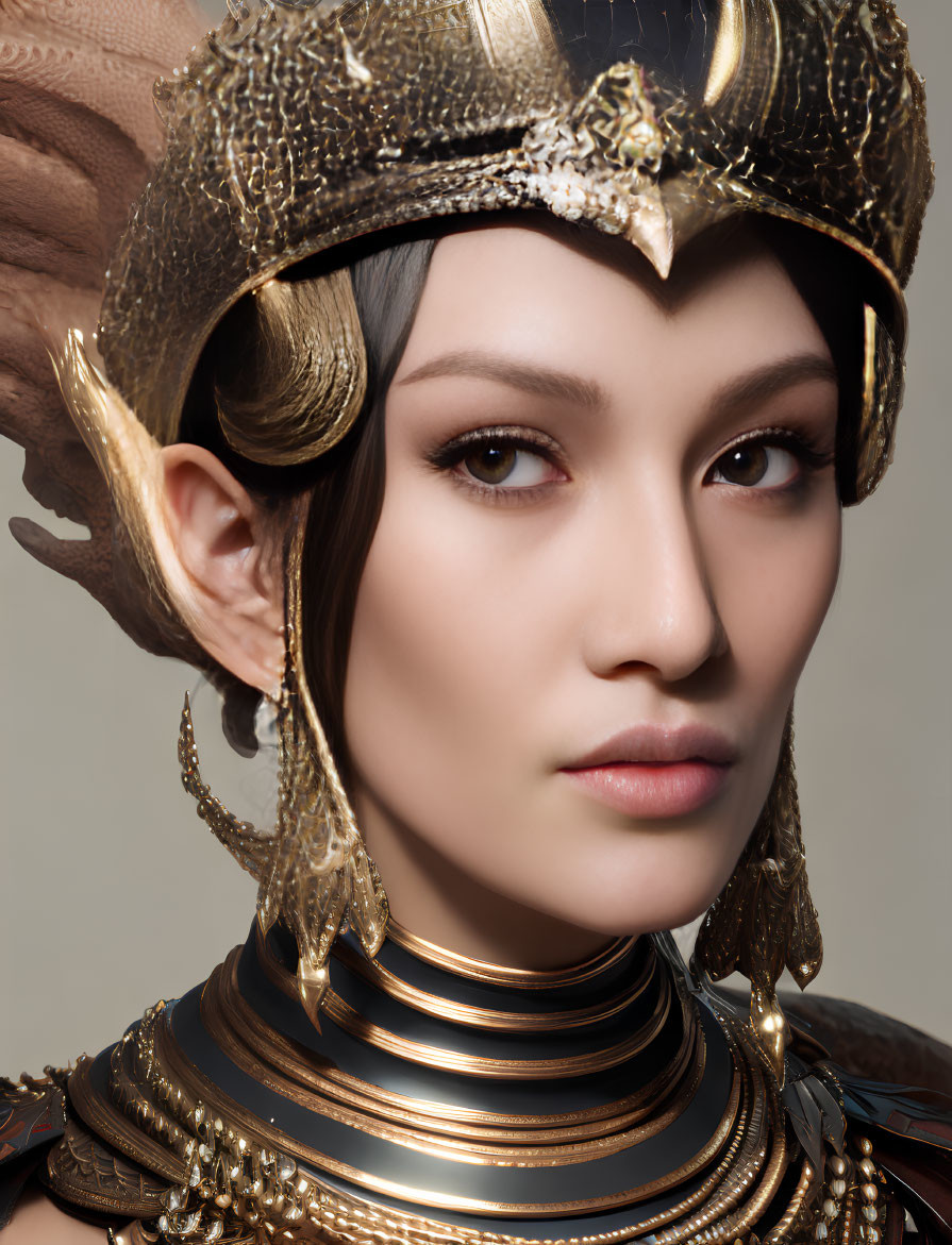 Golden helmet woman with intricate armor and fantasy-style ears.