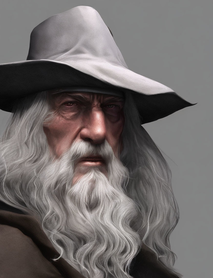 Detailed Digital Portrait of Elderly Man with Long White Beard and Wide-Brimmed Hat