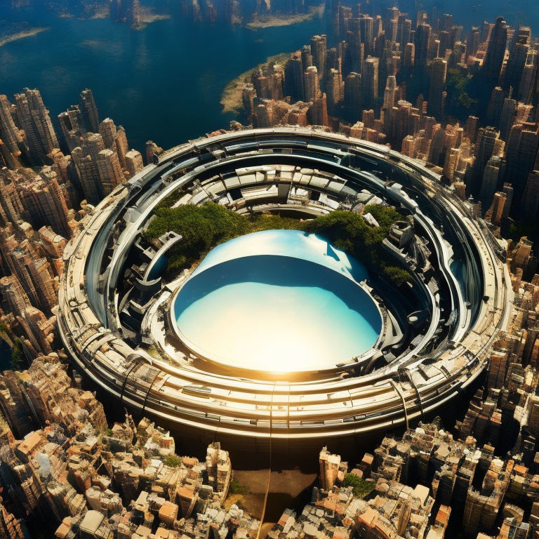 Circular skyscraper in dense cityscape with reflective pool & rooftop park