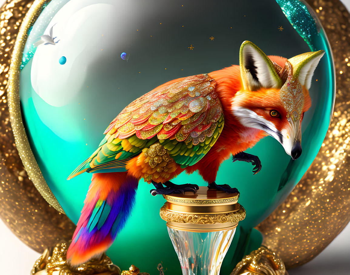 Vibrant bird-like creature with fox head on golden stand with iridescent orb