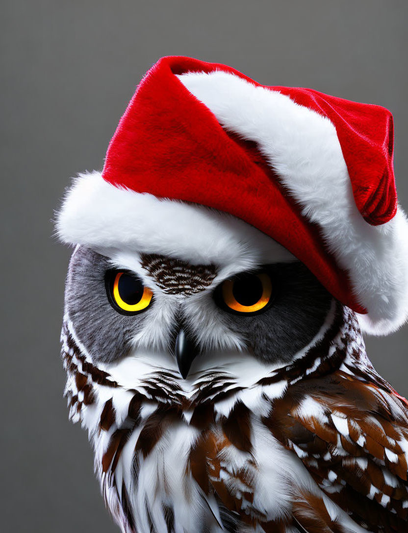 Striking yellow-eyed owl in Santa hat for a whimsical festive look