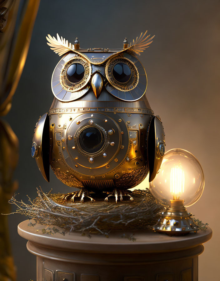 Steampunk-style mechanical owl with glowing orb on pedestal