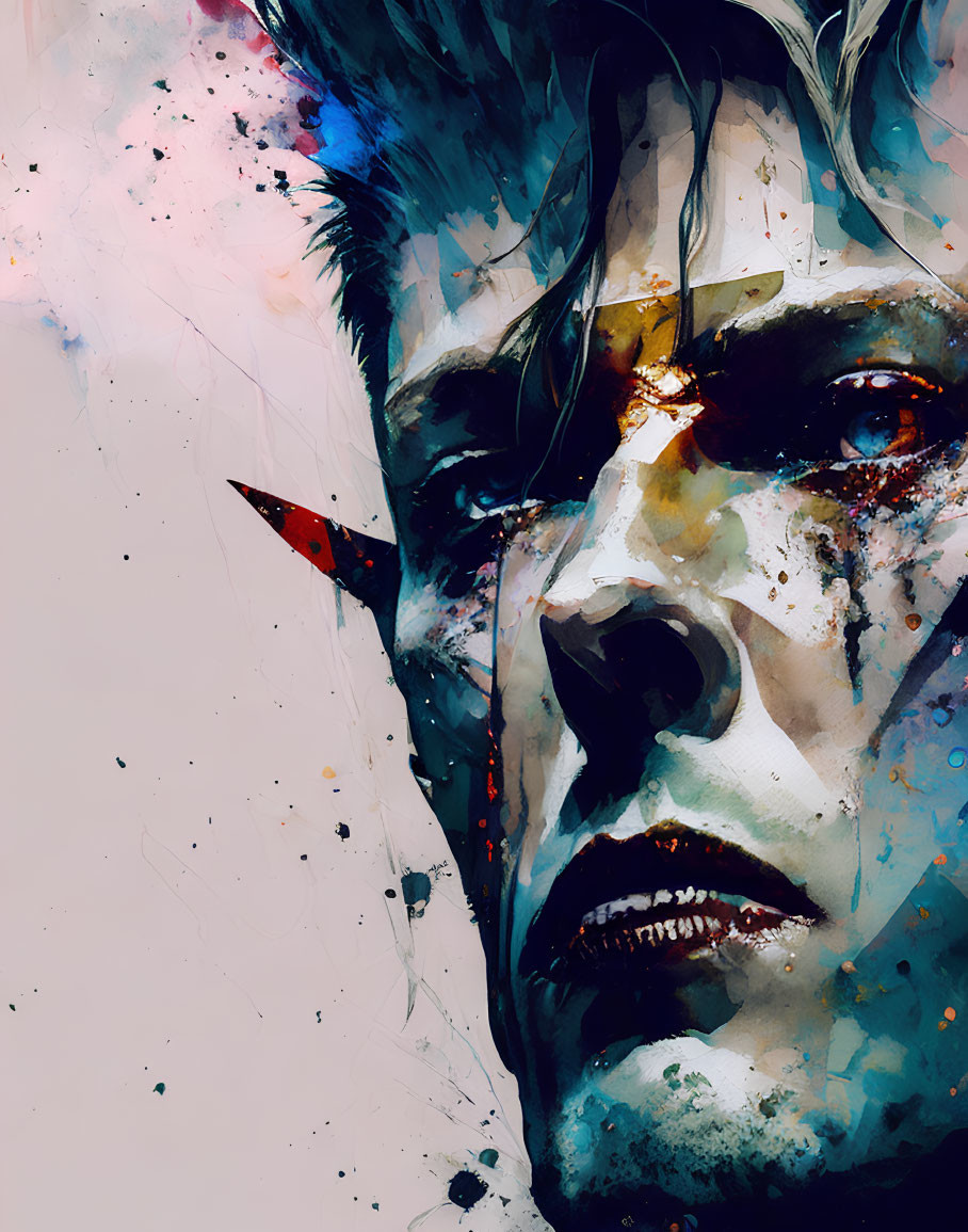 Colorful portrait of a man with intense gaze and dynamic paint splashes