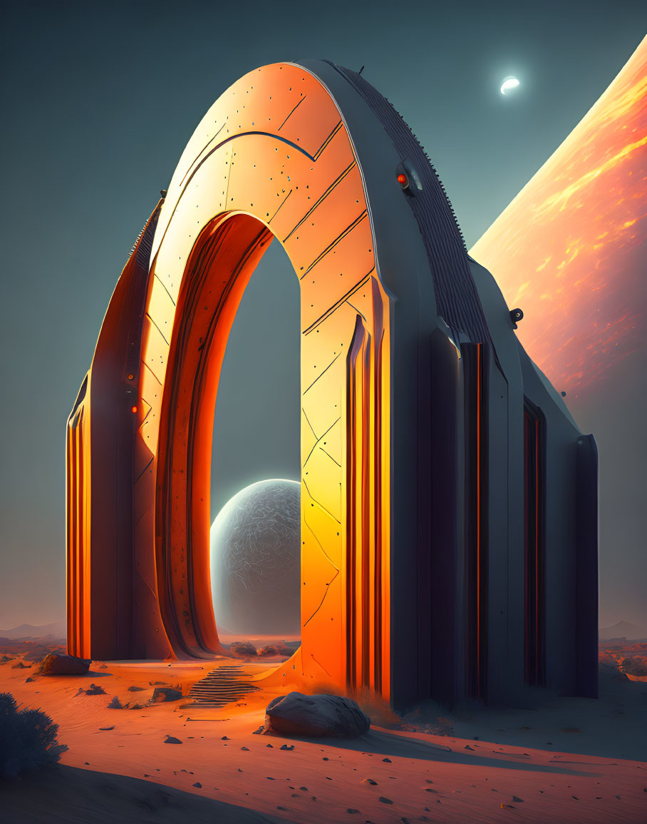 Futuristic archway in desert landscape with celestial body and moon