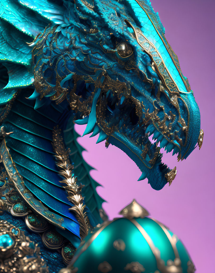 Detailed Blue Dragon Artwork with Metallic Scales and Golden Accents