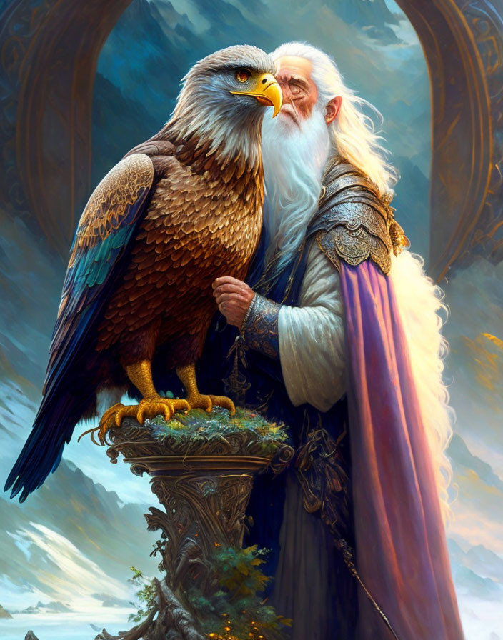 Majestic eagle and wizard in fantastical setting