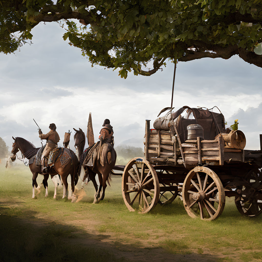 Historical scene: Two individuals on horseback guiding a wagon with barrels under a tree canopy