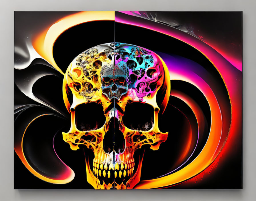 Symmetrical split skull digital artwork with gold and abstract shapes