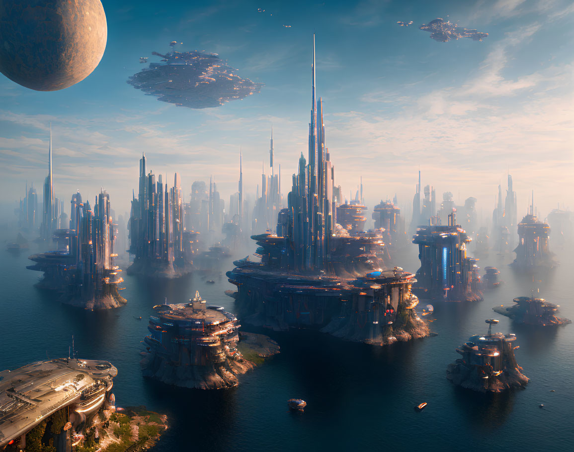 Futuristic cityscape with skyscrapers, flying vehicles, moon, and floating islands