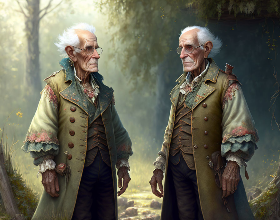 Elderly gentlemen in vintage attire standing in wooded area