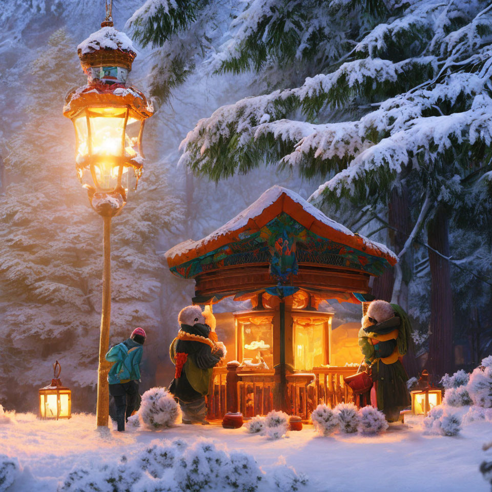 Whimsical winter scene with children, bear, carousel kiosk, snow-covered trees.