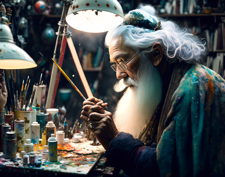 Elderly man painting in colorful workshop with white hair and beard