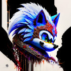 Vibrant digital artwork of determined fox with tribal headgear on abstract backdrop