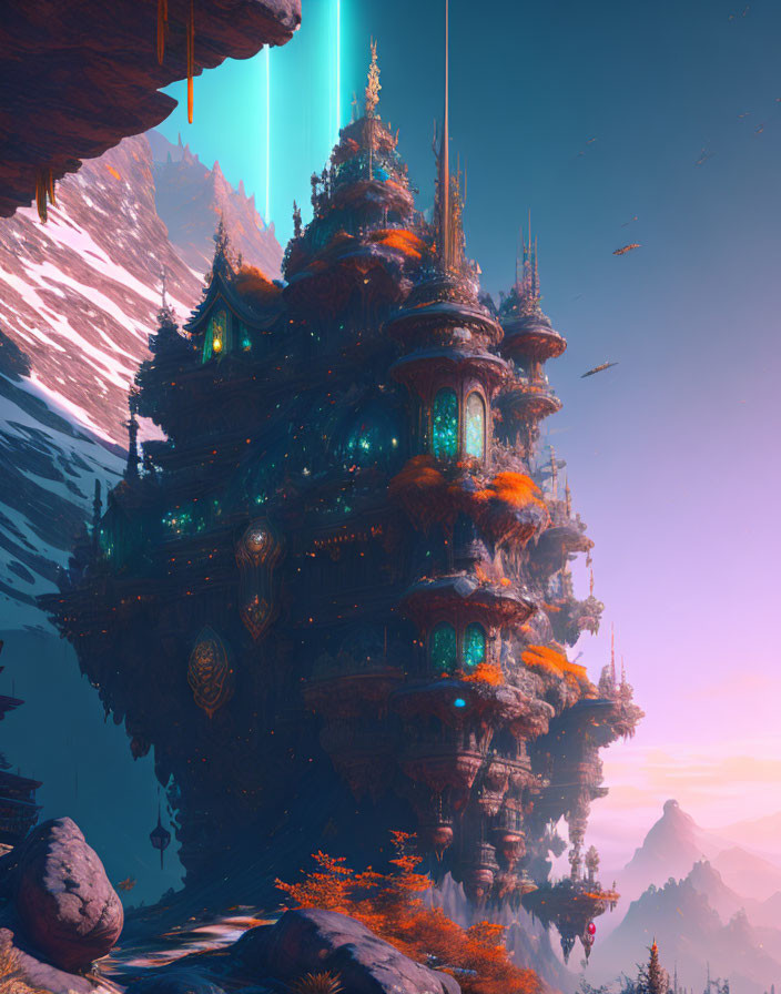 Illuminated floating city against alien sunset sky