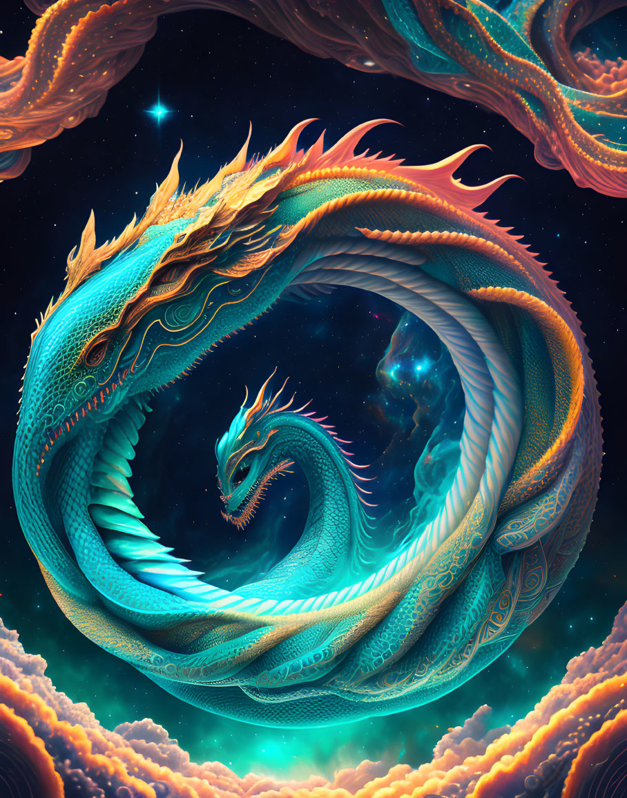 Colorful Dragon in Cosmic Scene with Swirling Clouds