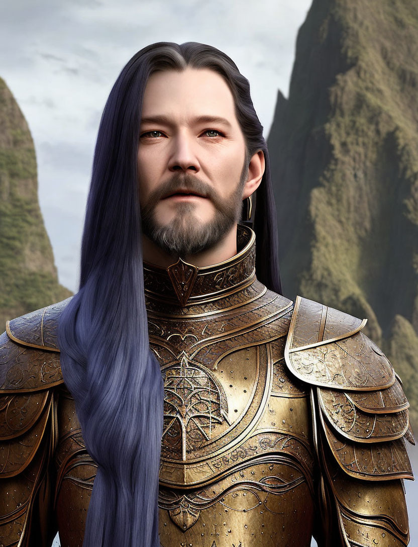 Fantasy knight with purple hair and golden armor in mountainous setting