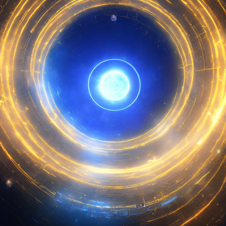 Celestial Scene with Bright Blue Core and Golden Rings on Starry Background