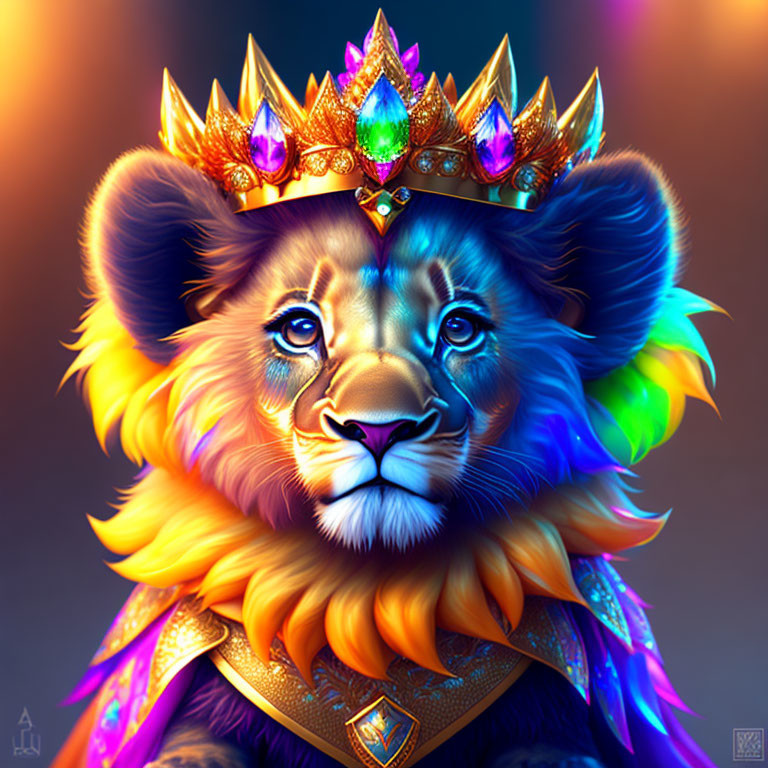 Colorful Lion Illustration with Crown and Royal Attire on Gradient Background