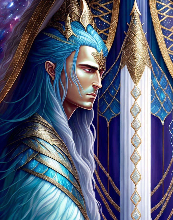 Ethereal being with blue hair in golden armor against cosmic background