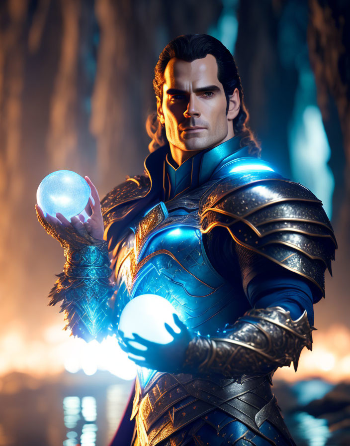 Detailed Armor-Wearing Man Holds Glowing Orbs in Cave