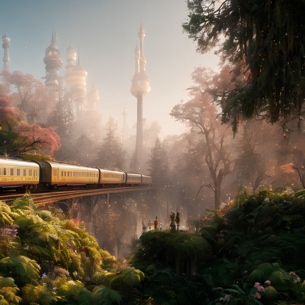 Train crossing bridge in mystical forest with blossoming trees and misty spires