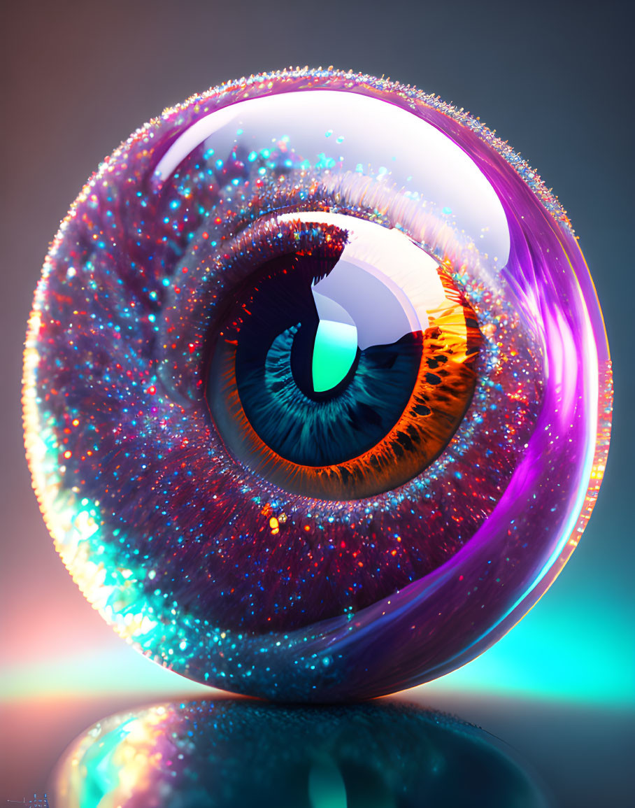 Colorful, glossy human eye with surreal design on gradient background