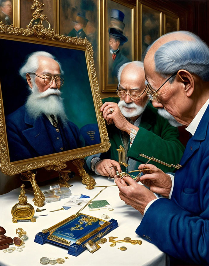 Elderly man repairs pocket watch at cluttered desk with portrait reflection