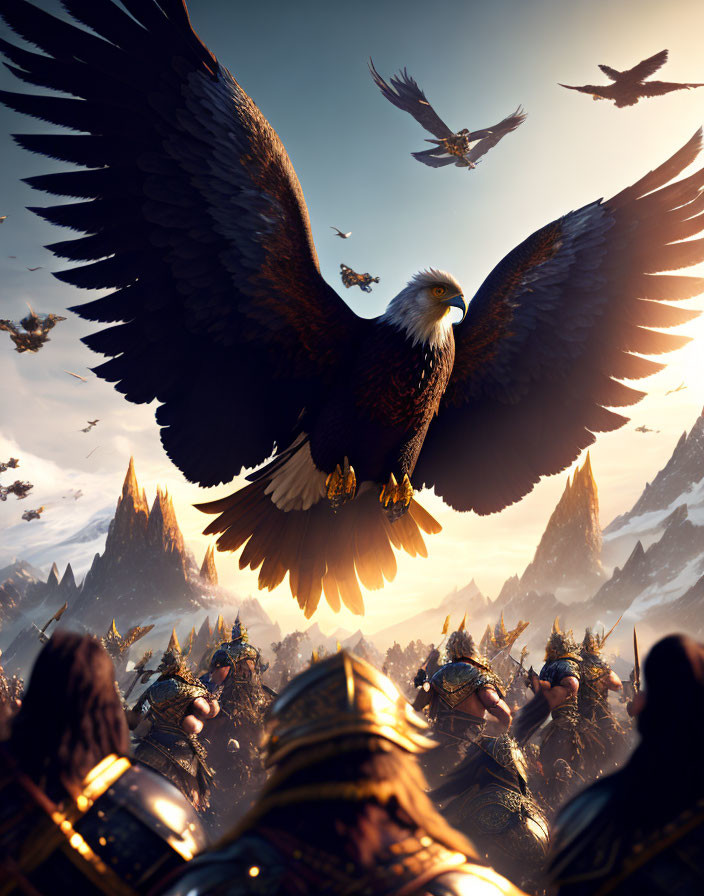 Majestic eagle flying over armored warriors and mountains under dramatic sky