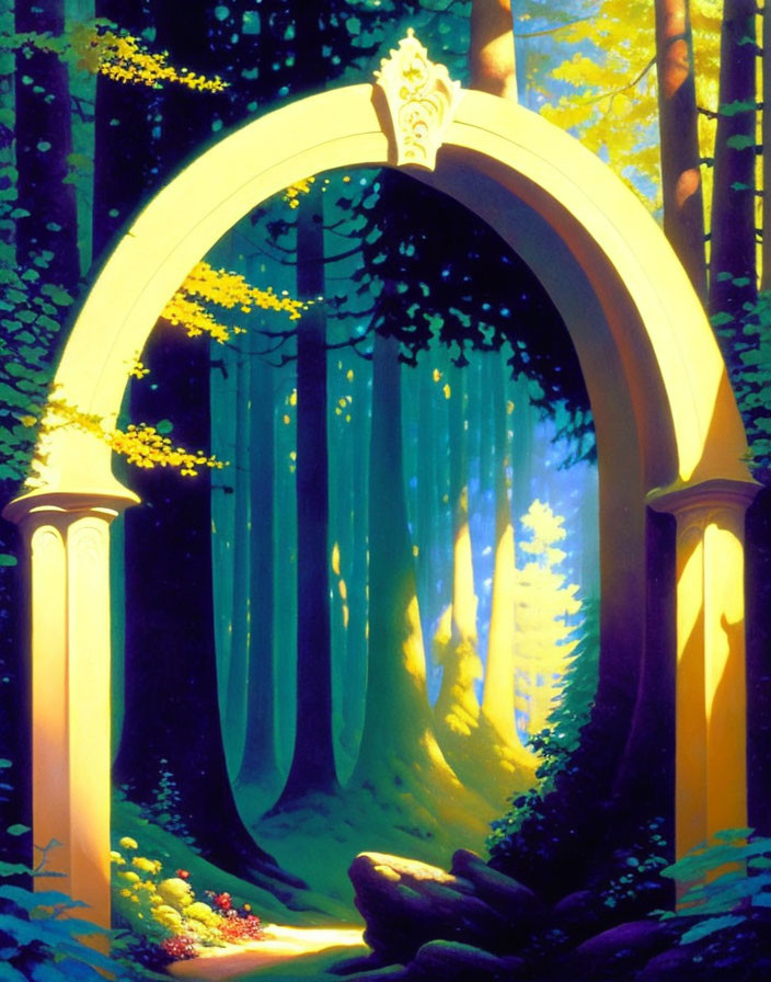 Ornate archway leading to sunlit forest with tall trees and yellow flowers