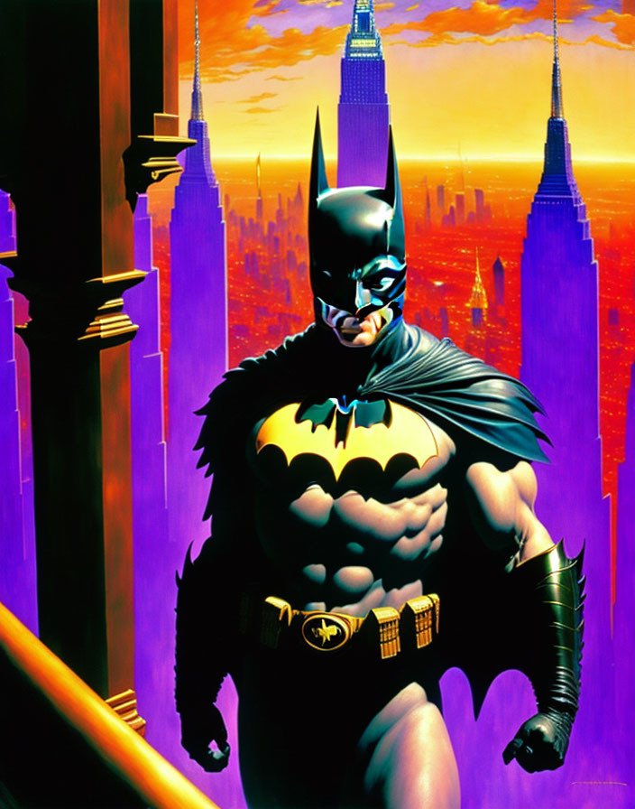 Muscular Batman in Iconic Suit against City Skyline at Sunset