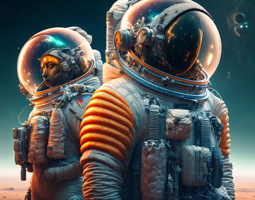 Detailed spacesuits with reflecting helmets in space scenery