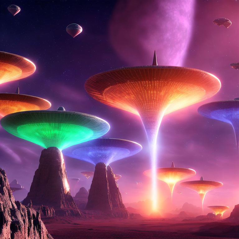 Alien landscape with mushroom-shaped structures and flying saucers at twilight