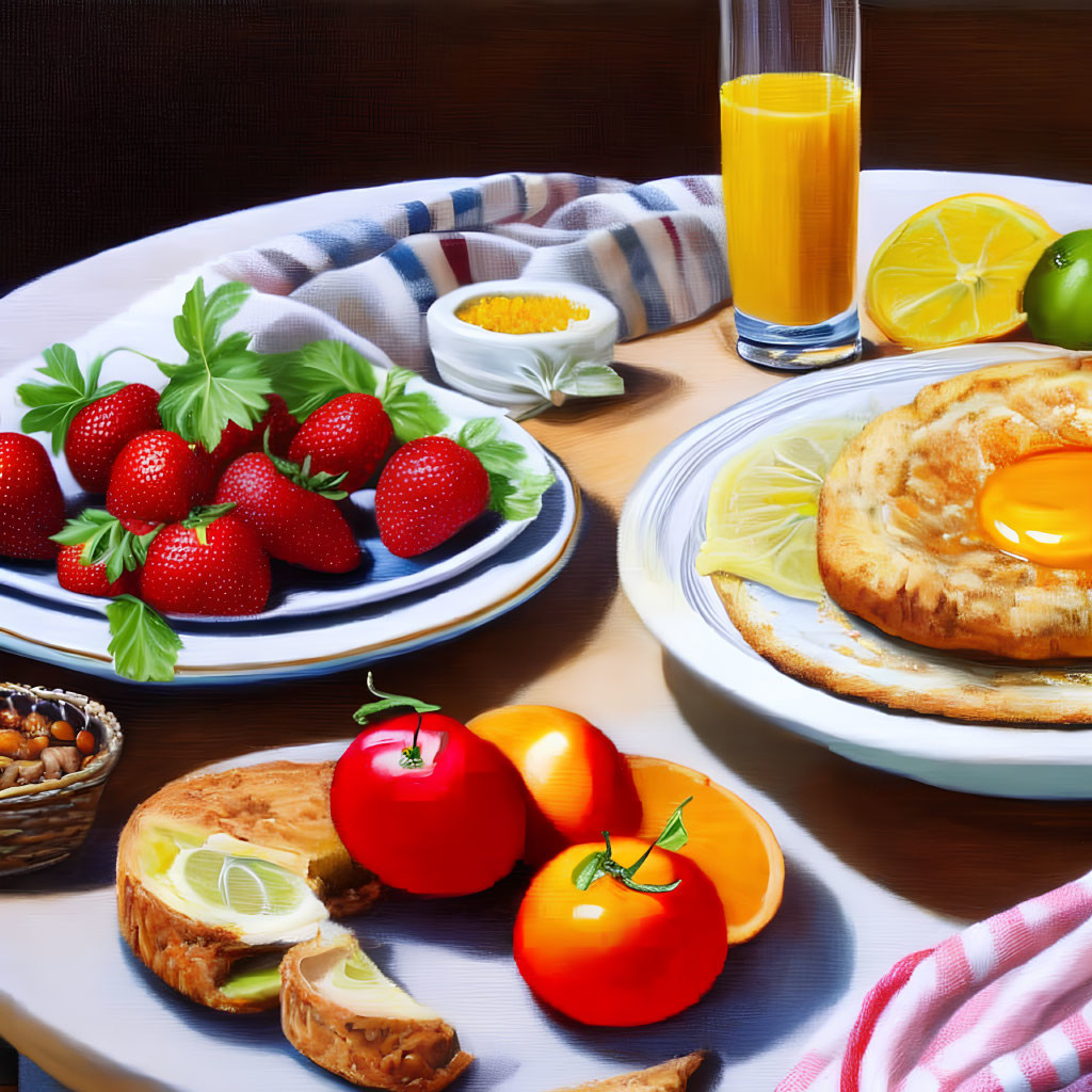 Colorful Breakfast Spread with Avocado Sandwich, Fresh Fruits, and Veggie Tart