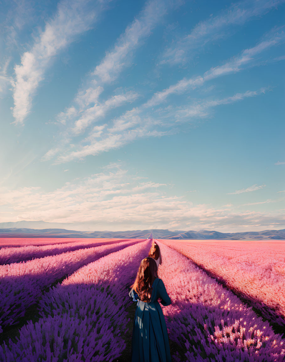 Person in Blue Dress Walking in Vibrant Pink Flower Field Under Blue Sky