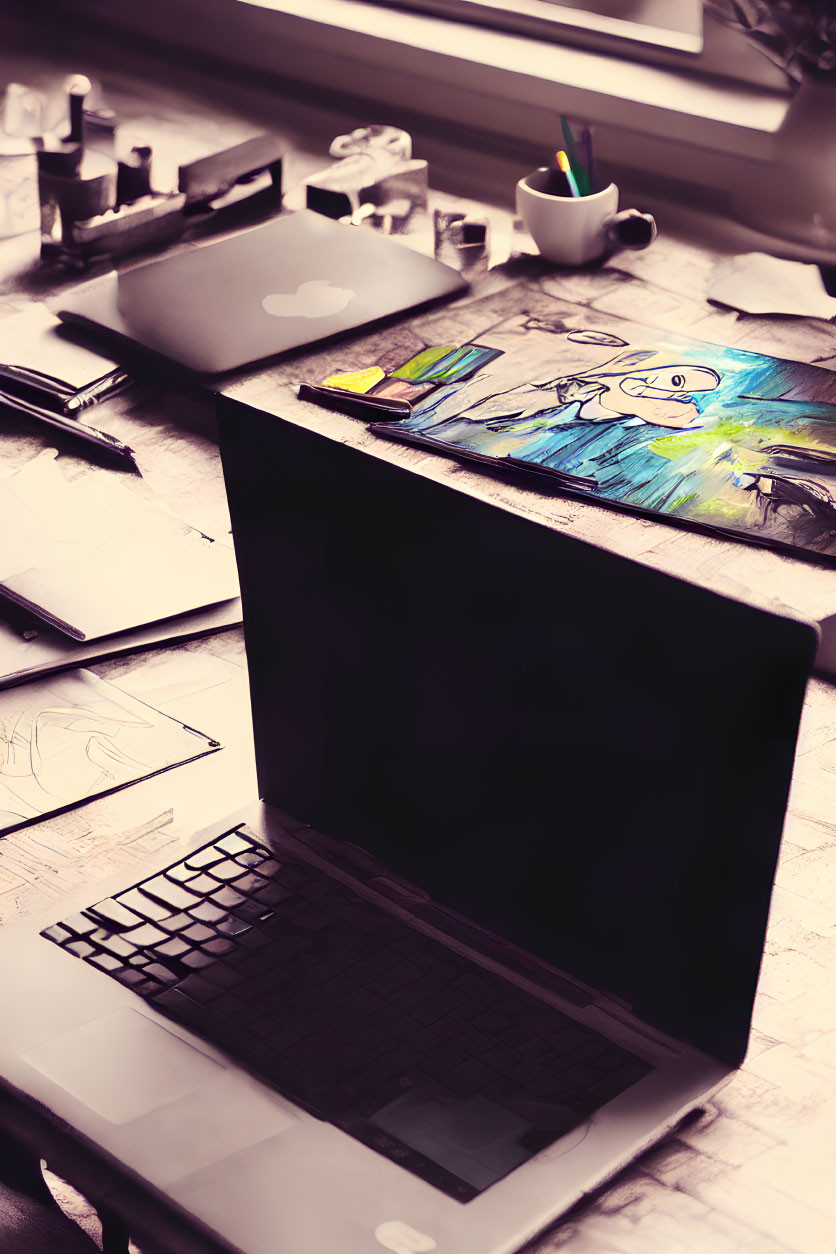 Artistic workspace with laptop, tablet, sketch papers, and drawing utensils on desk