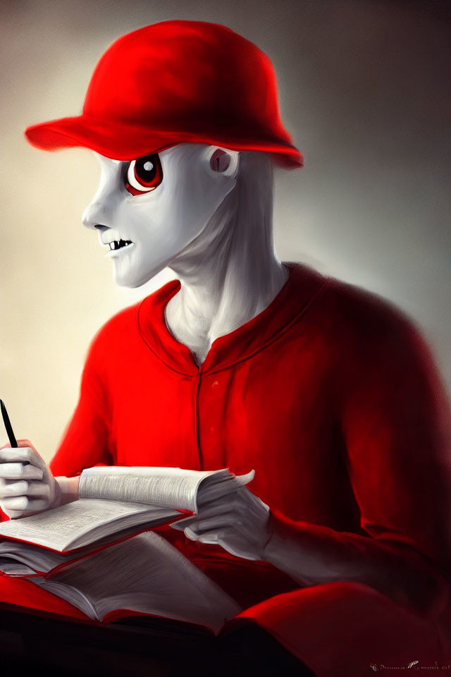 Pale figure in red attire with red eyes writing in a book illustration