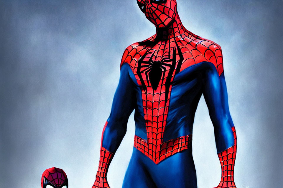 Person in Spider-Man Costume Holds Mask Against Dull Background