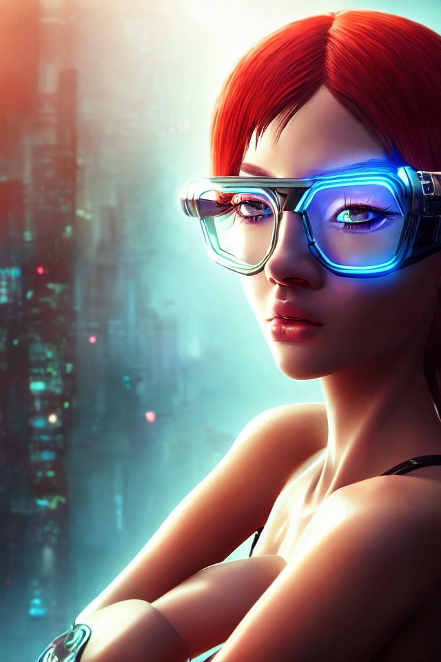 Digital artwork: Red-haired woman in blue glasses with blurred cityscape.