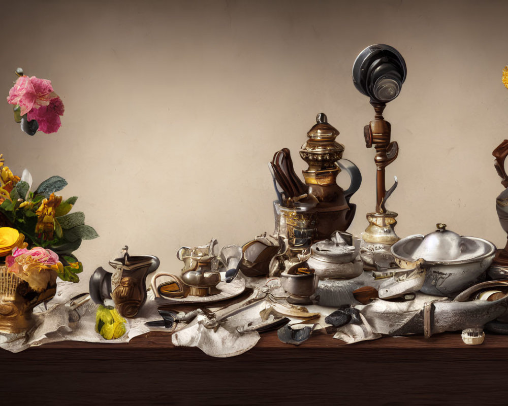 Vintage Teapots, Cups, Silver Set, and Flowers on Draped Table