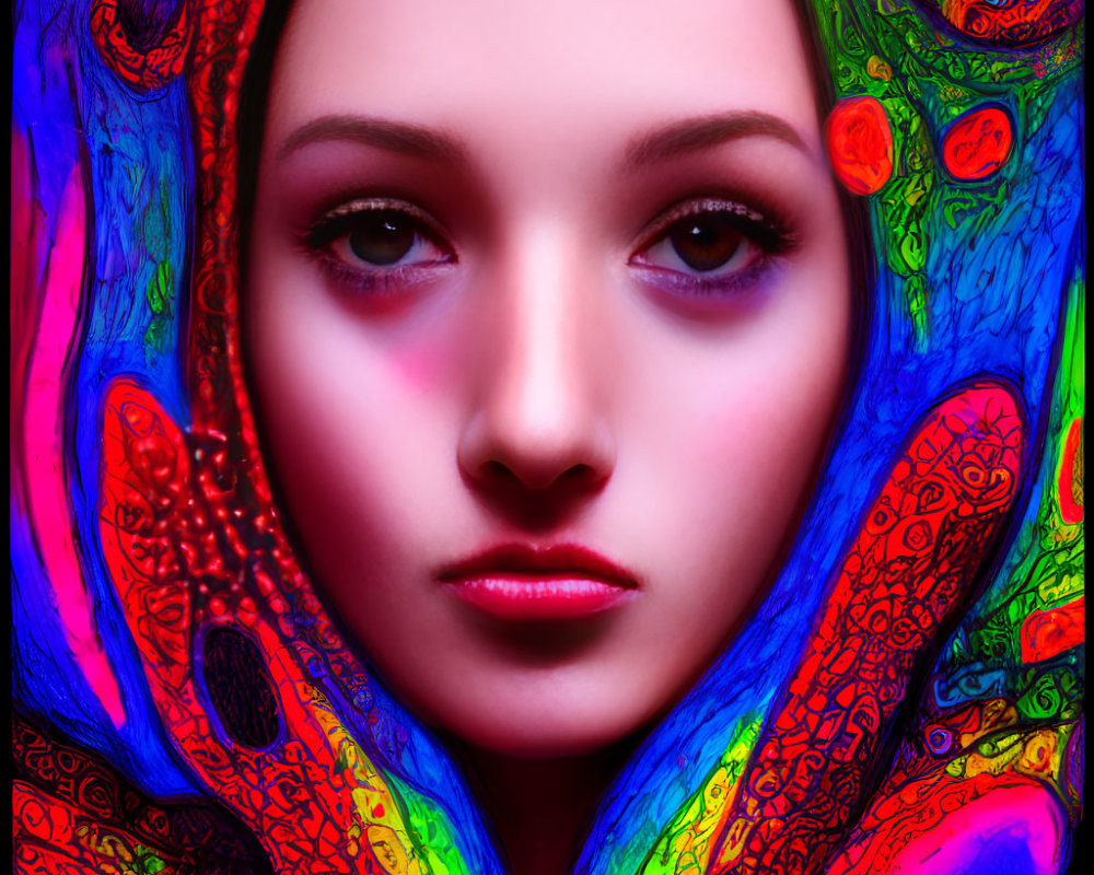 Colorful Psychedelic Patterns Surround Intense Woman Portrait