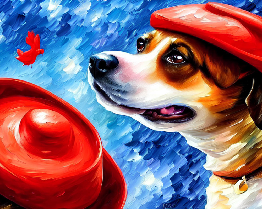 Colorful Dog in Red Beret and Scarf with Red Leaf on Blue Background